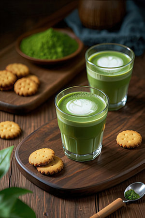 Matcha latte green tea in glass with cookies on wooden backgroundの素材