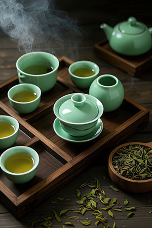 Green tea in teapot and cups on wooden table, closeupの素材