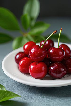Cherries in a plate on a gray background. Selective focus.の素材