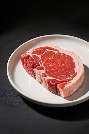 Raw steak on a white plate on a black background, top viewの素材
