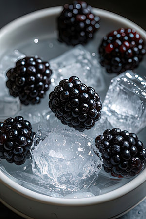Blackberries and ice cubes on a black background. Selective focus.の素材