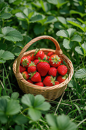 Wicker basket with fresh ripe strawberries on the grass in the gardenの素材