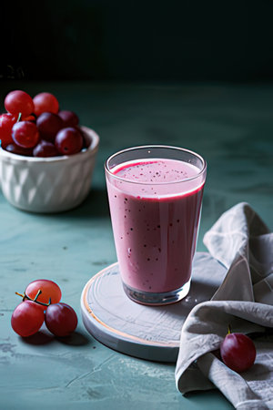 Cherry smoothie in a glass on a blue background. Selective focus.の素材