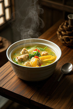 Chicken soup with vegetables in a bowl on a wooden table in a restaurantの素材