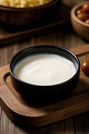 Greek yogurt in a black bowl on a wooden table, selective focusの素材