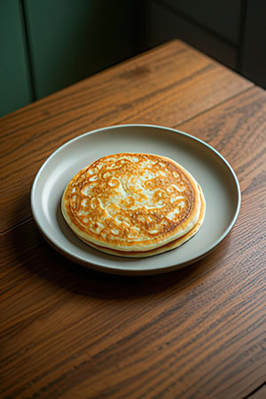 Pancakes on a plate on a wooden table. Toned.の素材