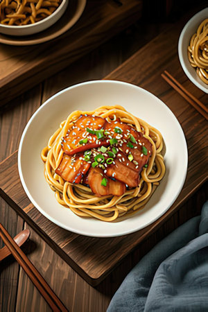 japanese food, sesame soy sauce ramen noodles on wooden backgroundの素材