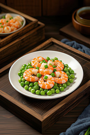 Shrimps with green peas on a white plate on a wooden backgroundの素材