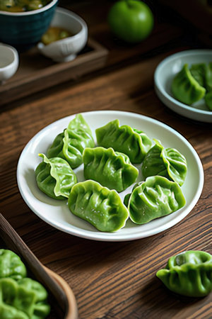 Steamed dumplings stuffed with green vegetables on a wooden tableの素材