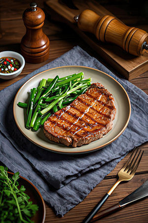 Grilled beef steak with green beans and spices on a plate.の素材