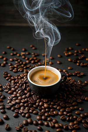 Coffee cup with steam and coffee beans on black background.の素材