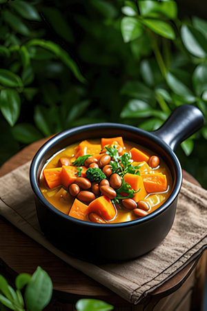 Soup with beans in a bowl on a wooden tableの素材