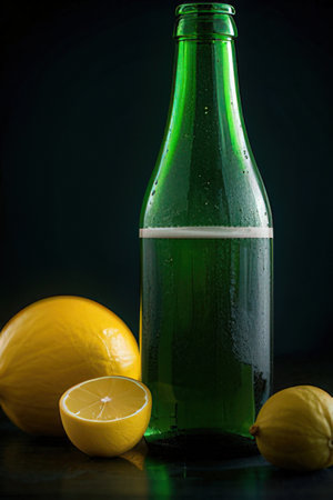 bottle and lemons on a black background, studio shotの素材