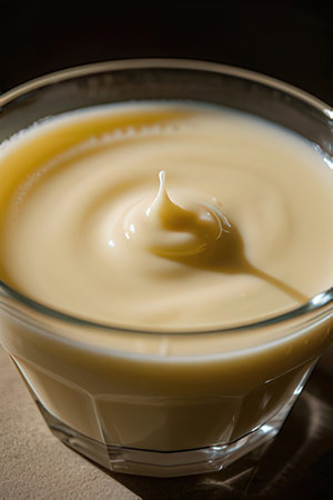 Sweet condensed milk in a glass on a dark background. Selective focus.の素材
