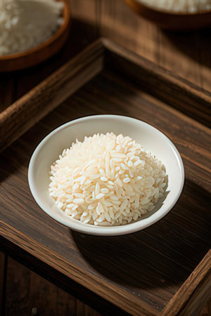 white rice in a bowl on wooden table, closeup, verticalの素材
