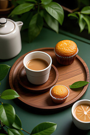 Coffee cup and cakes on a wooden tray with green leavesの素材