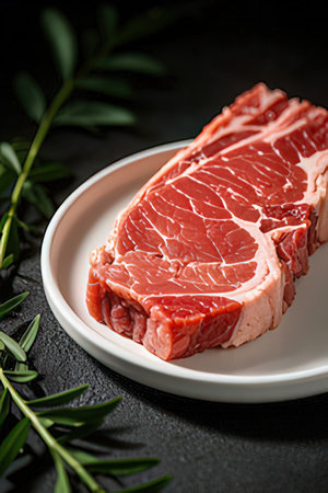 Raw fresh beef steak on a white plate with herbs on a black backgroundの素材