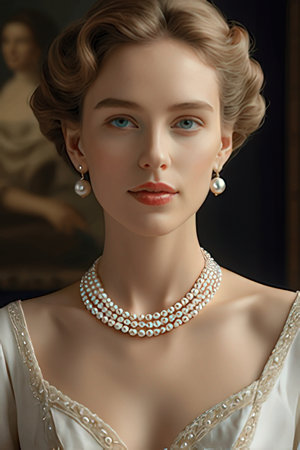Portrait of a beautiful blonde woman in a white dress with a pearl necklaceの素材