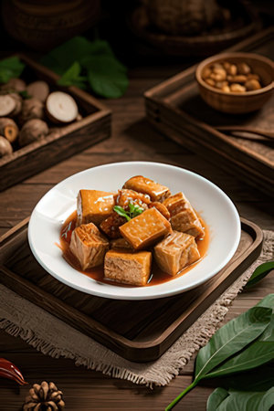 Tofu in sweet and sour sauce on wooden backgroundの素材