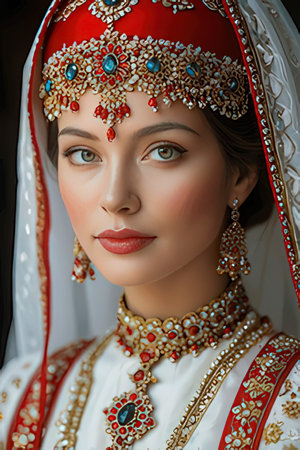 Portrait of a beautiful bride in traditional wedding dress.の素材