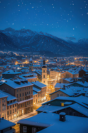 Panoramic view of Salzburg at night, Austria.の素材