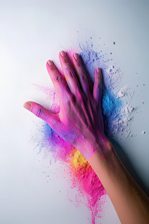 Hands covered in colored powder on a white background close-upの素材