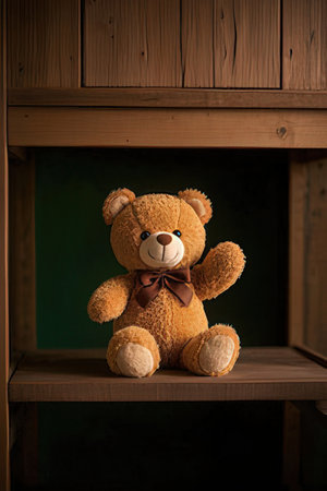 Teddy bear sitting on a shelf in a room with a green wallの素材