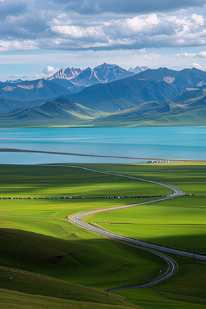 Lake, road and grasslands.の素材