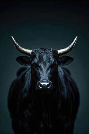 Close-up of a black bull head on a dark background.の素材
