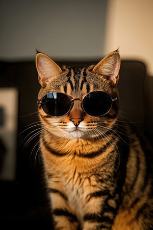 Portrait of bengal cat wearing sunglasses on black background.の素材