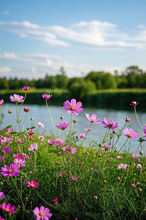 Beautiful pink cosmos flowers on the lake with blue sky background.の素材