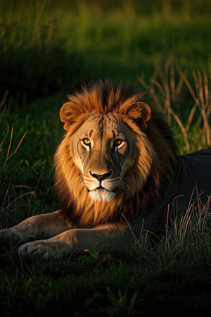 Big male lion lying on the grass in the savannah at sunsetの素材