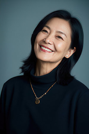Portrait of a happy mature Asian woman smiling at the camera.のeditorial素材