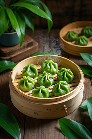 steamed dumpling - chinese dim sum on wooden backgroundの素材