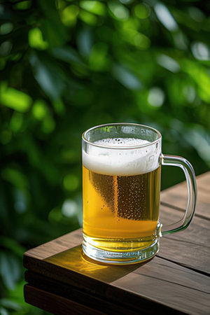 Beer in a glass on a wooden table with green leaves background.の素材
