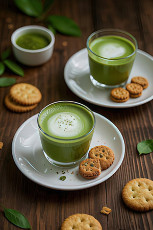 Matcha green tea latte with crackers on wooden background.の素材