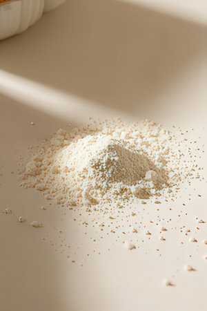 Powdered wheat flour on a white background. Close-up.の素材