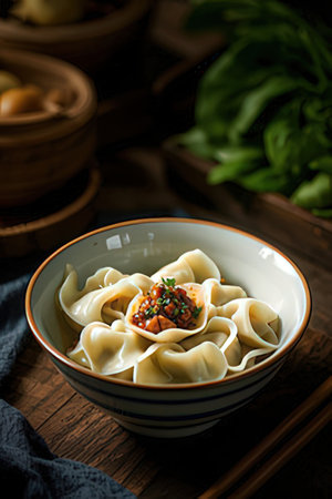 Dumplings with meat and vegetables in a bowl on a wooden tableの素材