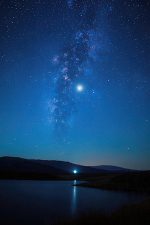 Milky Way over a lake at night with stars and mountains in the backgroundの素材