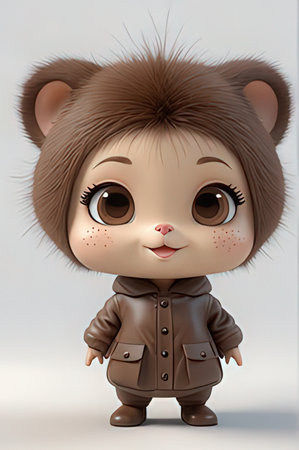 Cute little character with brown hair and brown jacket, 3d renderingの素材