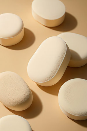 White soap bars on a beige background. Shallow depth of fieldの素材