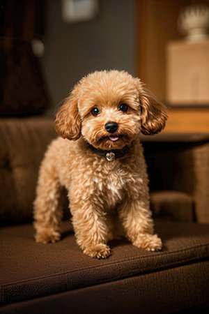Cute Miniature Poodle Dog Sitting on a Sofa.の素材
