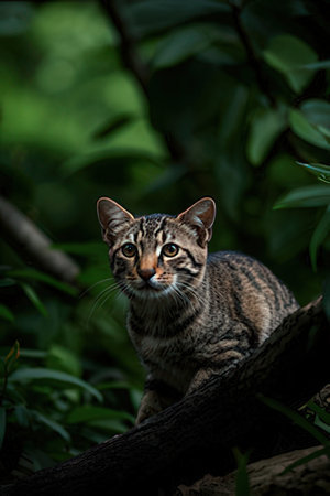 Wild cat sitting on a tree in the forest. Wildlife scene from nature.の素材