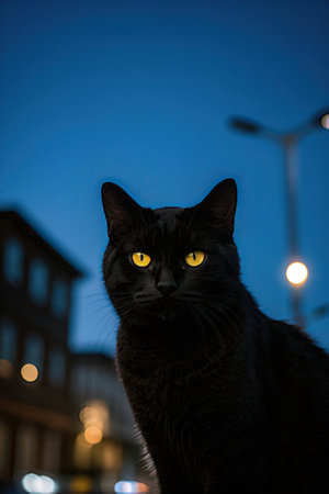 Black cat with yellow eyes on the background of the night city.の素材
