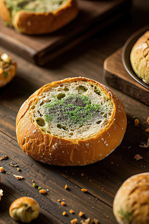 homemade bread with dill and pistachios on wooden backgroundの素材