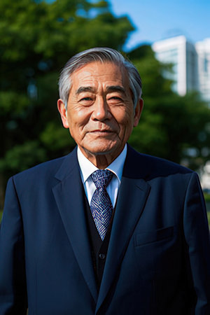 Portrait of an elderly Japanese businessman in a suit and tie.のeditorial素材