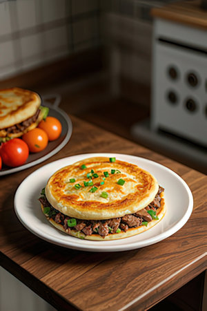 pancakes with meat and vegetables on a plate in the kitchenの素材