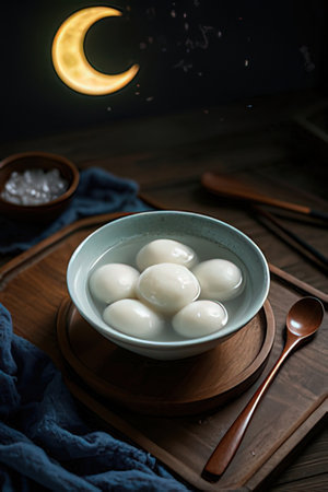 Dumplings in a bowl on a wooden table with a moon in the backgroundの素材