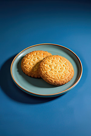 Two round cookies on a blue plate on a blue background. Close-up.の素材
