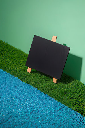 Blackboard on green grass with blue wall background. Minimal concept.の素材